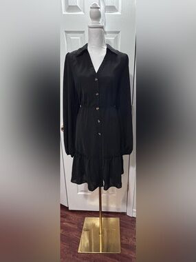 Puoikal Black Dress Button Down Front Collared Ruffle Hem Size XL